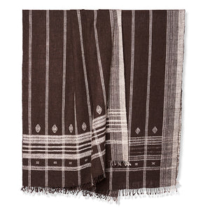 Brown bedcover with vertical stripe pattern, decorative border, and fringed hem