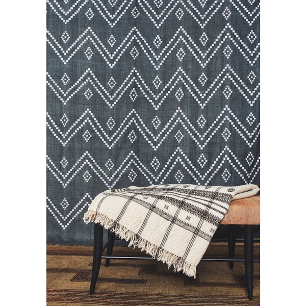 Charcoal Zig Zag Indian bedcover corner with white zigzag pattern and short fringe