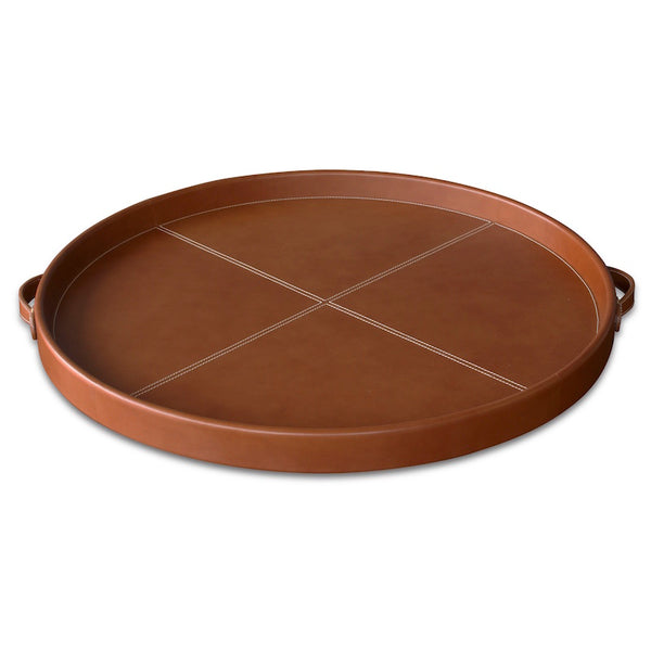 Large and small leather round wrapped trays in cognac and navy blue, here in cognac. Stylish gift or perfect home accessory! Designed by Peter Dunham for Hollywood at Home.