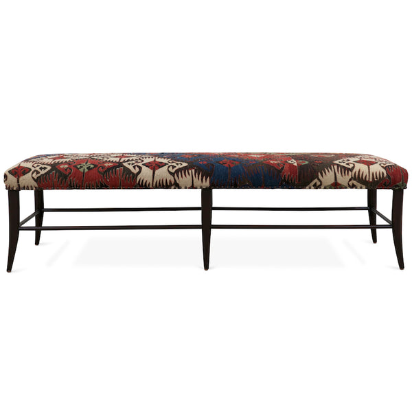 The Croft Bench, designed by Hollywood at Home founder Peter Dunham, has an Alder wood frame and bench-seat in the fabric of your choosing. We upholstering this bench with a vintage rug!