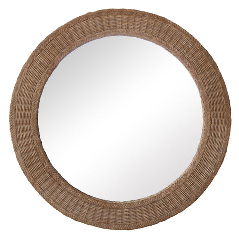 A handwoven wicker framed round mirror, available in custom sizes. Designed by Peter Dunham for Hollywood at Home.