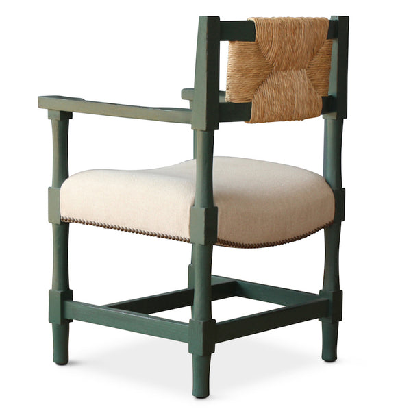 This New York Athletic Club dining side chair is a 40s twist on an arts & crafts classic: a re-edition by Peter Dunham for Hollywood at Home of a chair from the Downtown New York Athletic Club. Remarkably comfortable, the chair is crafted from hand-turned solid oak and handwoven rush.