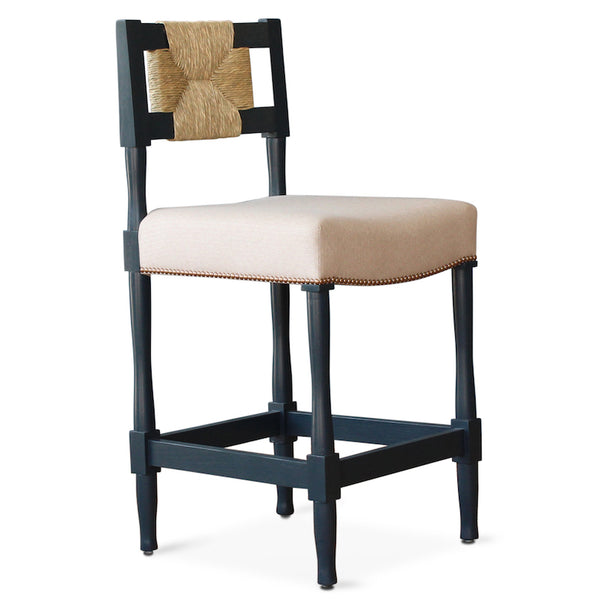 This New York Athletic Club counter or barstool is a '40s twist on an arts & crafts classic: a re-edition by Peter Dunham for Hollywood at Home of a chair from the Downtown New York Athletic Club. Remarkably comfortable, the chair is crafted from hand-turned solid oak and handwoven rush.