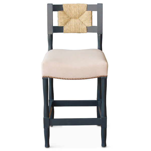 This New York Athletic Club counter or barstool is a '40s twist on an arts & crafts classic: a re-edition by Peter Dunham for Hollywood at Home of a chair from the Downtown New York Athletic Club. Remarkably comfortable, the chair is crafted from hand-turned solid oak and handwoven rush.