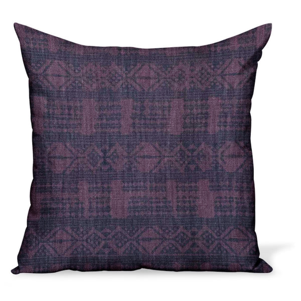 Cushion or pillow made from Peter Dunham Textiles linen Addis print in purple and bluet, a tribal design