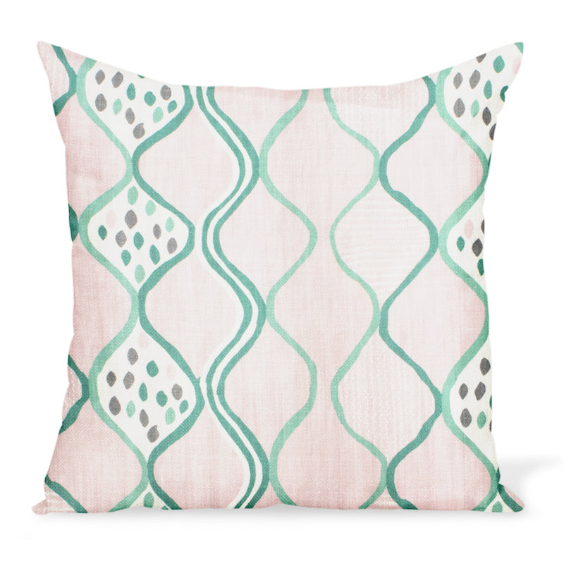 A fun, colorful cushion from Peter Dunham Textiles made from the herringbone linen print Baltic Wave in Pink/Green. Decorative pillows available in a variety of sizes. 