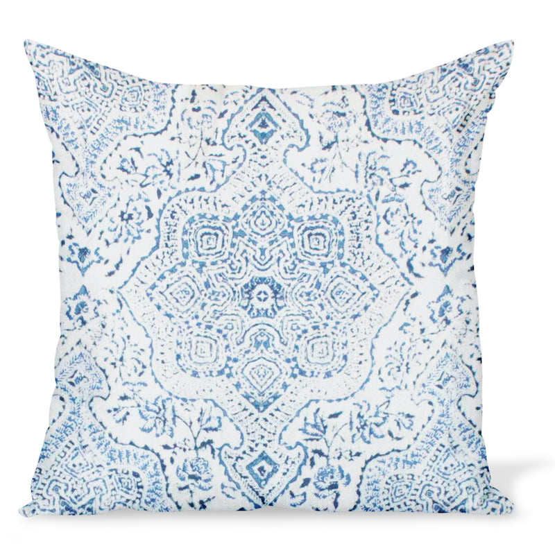 A cushion/decorative pillow in a cotton/linen fabric by Peter Dunham Textiles called Deeg in Blue on White