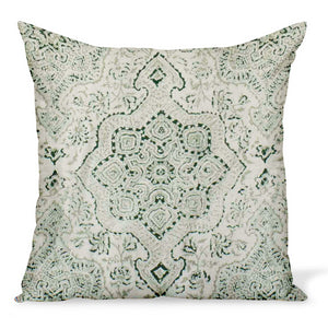 A cushion/decorative pillow in a cotton/linen fabric by Peter Dunham Textiles called Deeg in Green on Tan