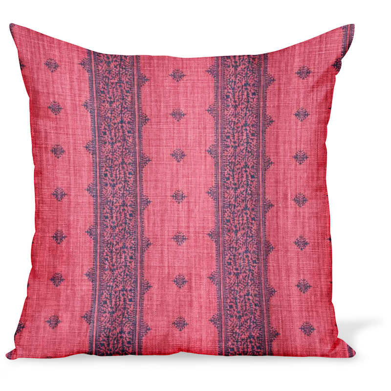 Peter Dunham Textiles Fez Stripe linen fabric in blue and raspberry, an Indian style stripe, for this cushion or pillow